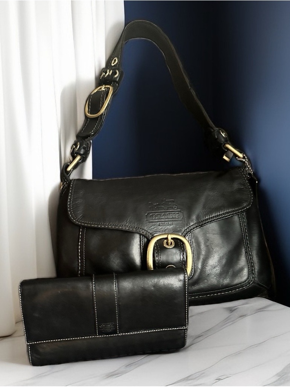 Coach Black Leather Bleecker Legacy Flap Bag with Brass Buckle & Matching Wallet